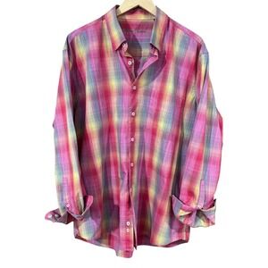 Alan Flusser Mens Plaid Shirt Long Sleeve Colorful Green Yellow Pink SZ‎ XL